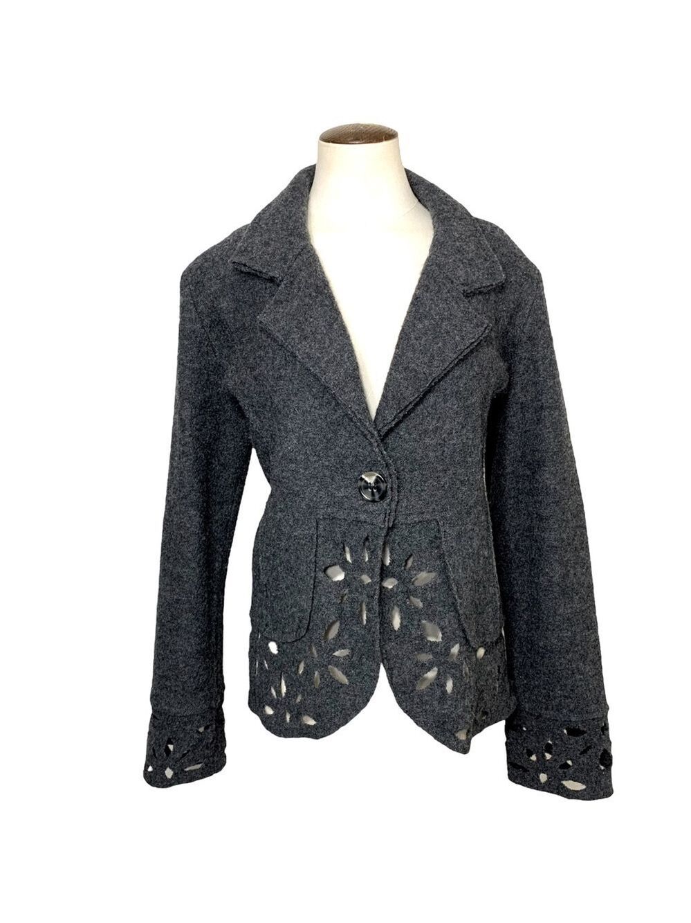 Coupé Gray Wool Blazer Jacket Sz M Slim Fit Floral Cut off Single Breasted